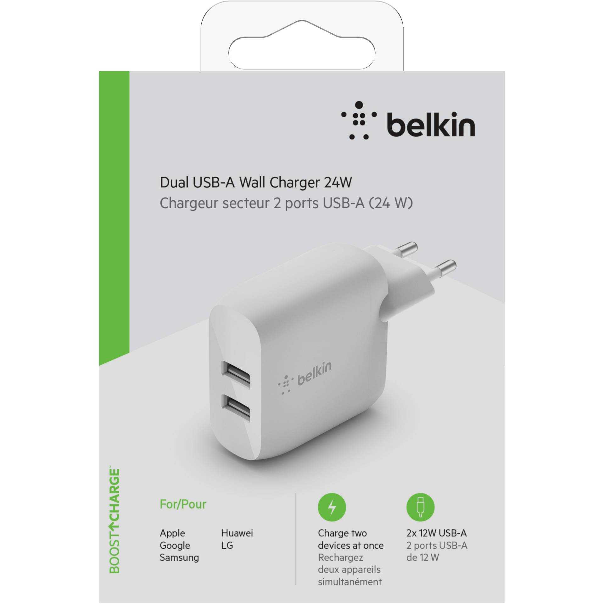 Belkin BOOST CHARGE - Netzteil - 24 Watt - QC 3.0 - 2 Ausgabeanschlussstellen (USB) - weiß