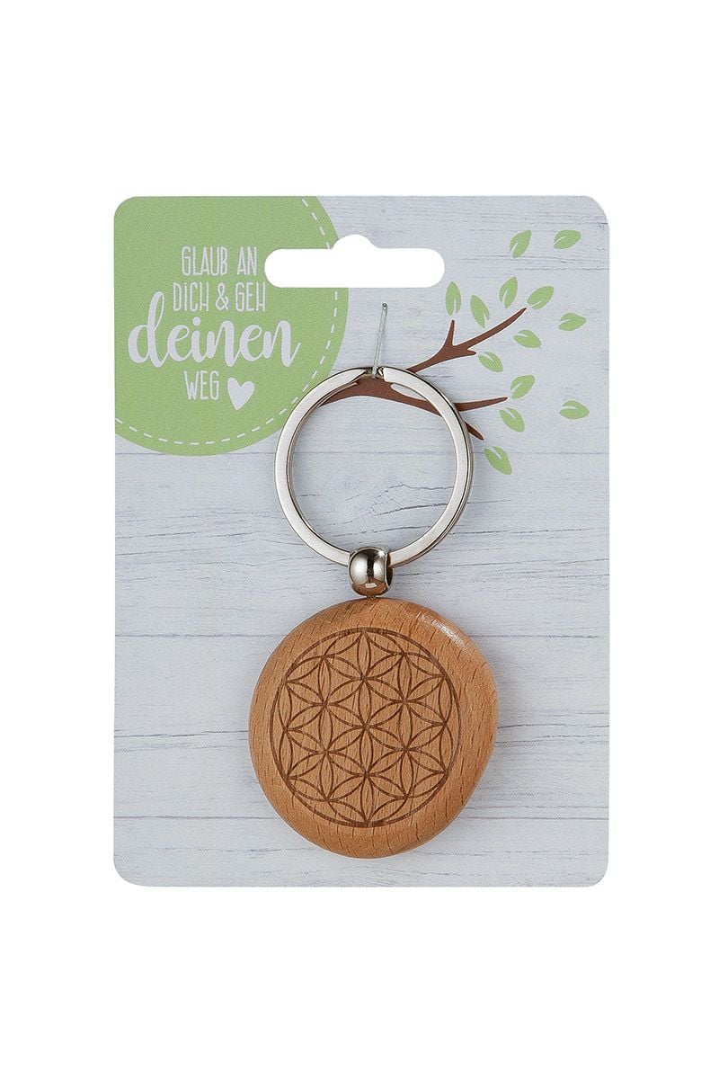 GILDE Holz Schlüsselanh Lebensblume Karte mit Spruch, gelasert, beidseitig