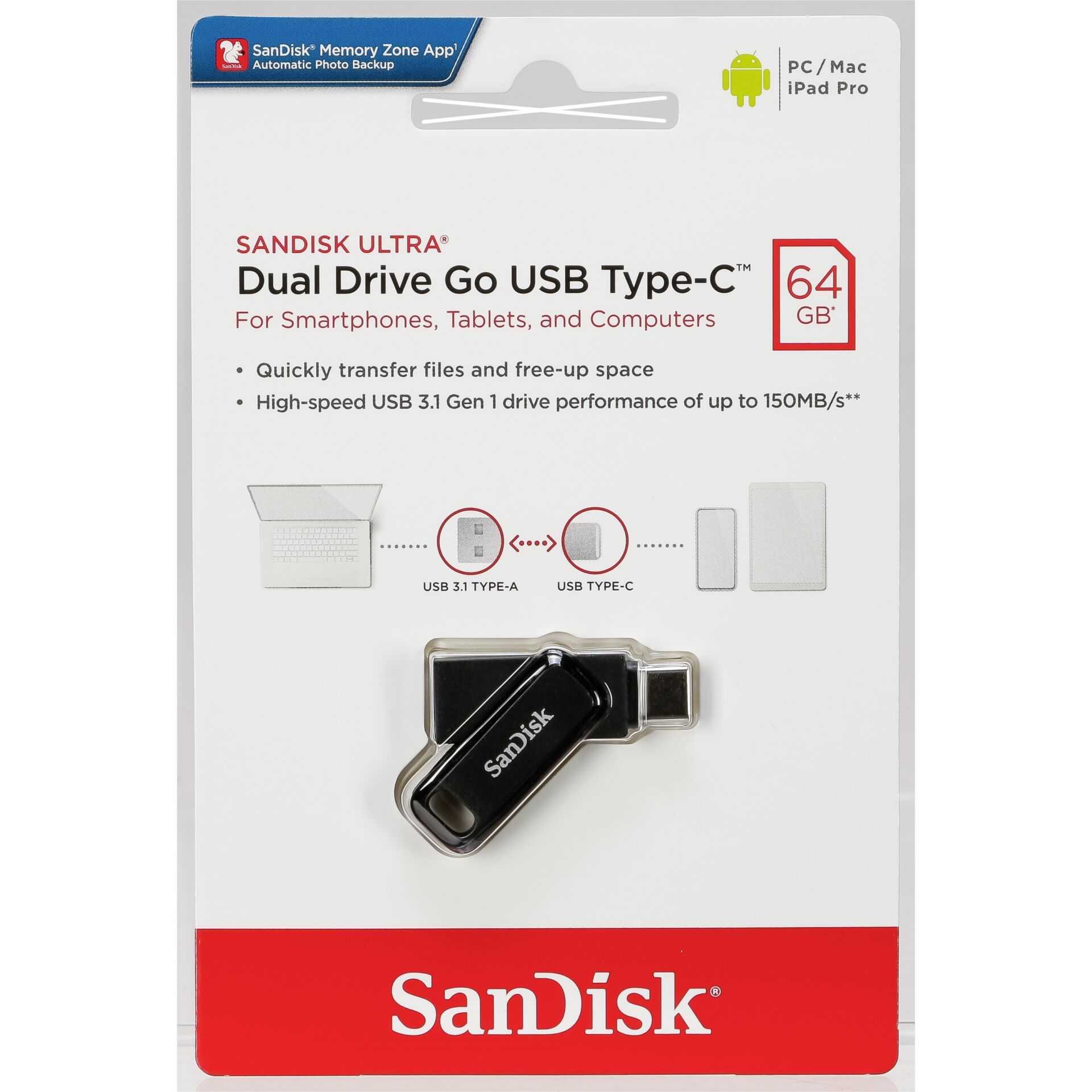 SanDisk Ultra Dual Drive Go - USB-Flash-Laufwerk - 64 GB - USB 3.1 Gen 1 / USB-C