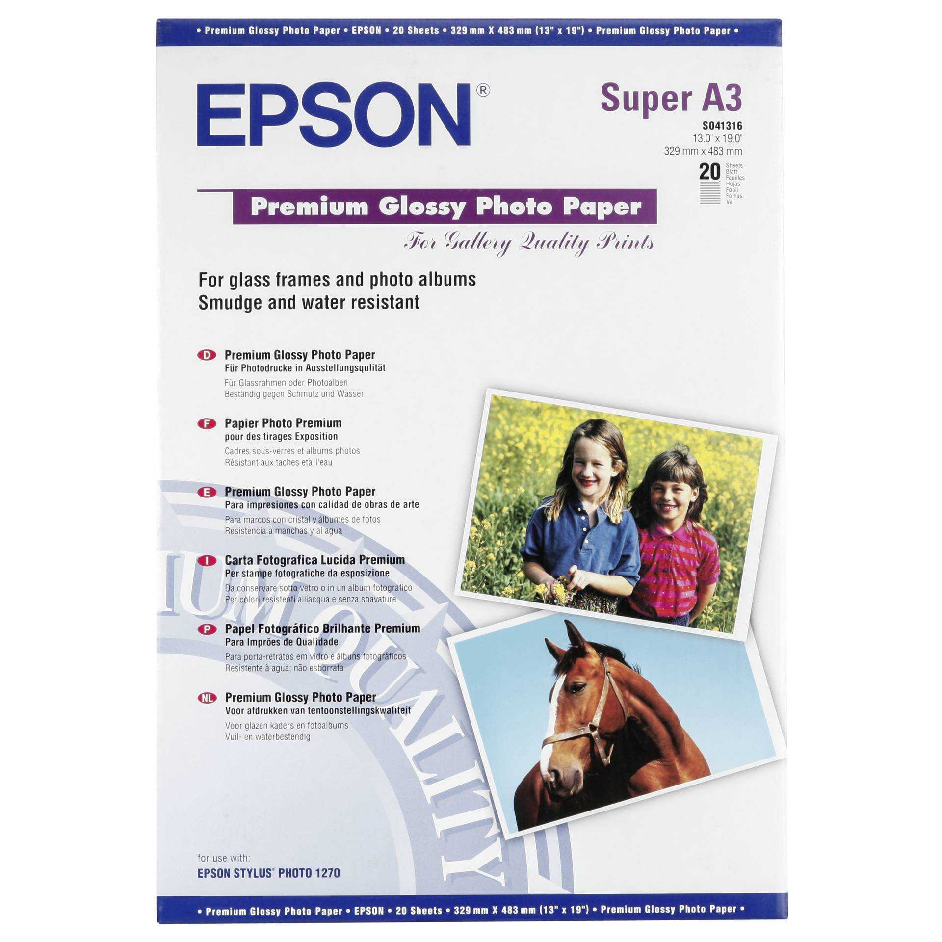 Epson Premium - Glänzend - Super A3/B (330 x 483 mm) - 255 g/m² - 20 Blatt Fotopapier - für SureColor SC-P700, P7500, P900, P9500, T2100, T3100, T3400, T3405, T5100, T5400, T5405