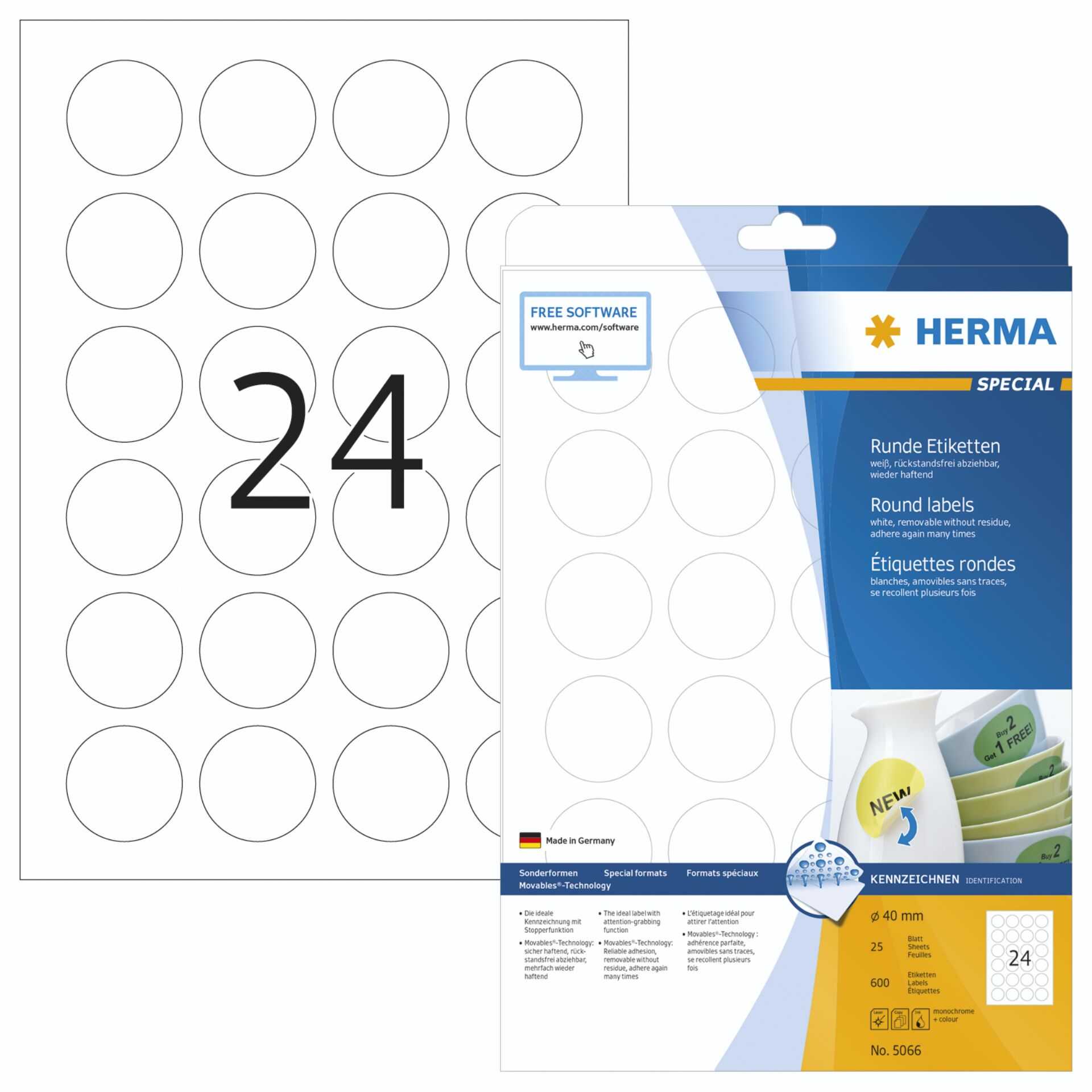 HERMA Special - Papier - matt - selbstklebend, entfernbarer Klebstoff - weiß - 40 mm rund 600 Etikett(en) (25 Bogen x 24) Etiketten