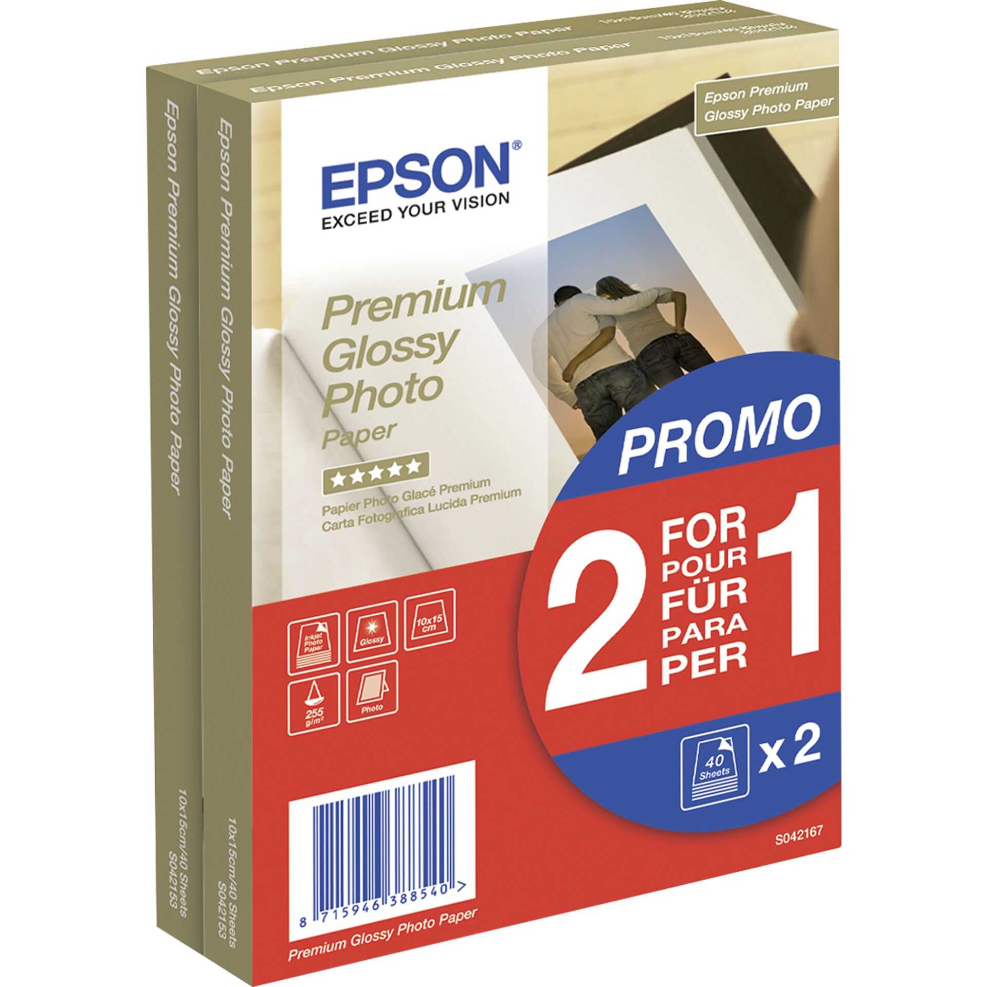 Epson Premium Glossy Photo Paper BOGOF - Glänzend - 100 x 150 mm - 255 g/m² - 40 Blatt Fotopapier (Packung mit 2) - für EcoTank ET-16500, 2650, 2750, 2751, 2756, 4750; Expression Home HD XP-15000