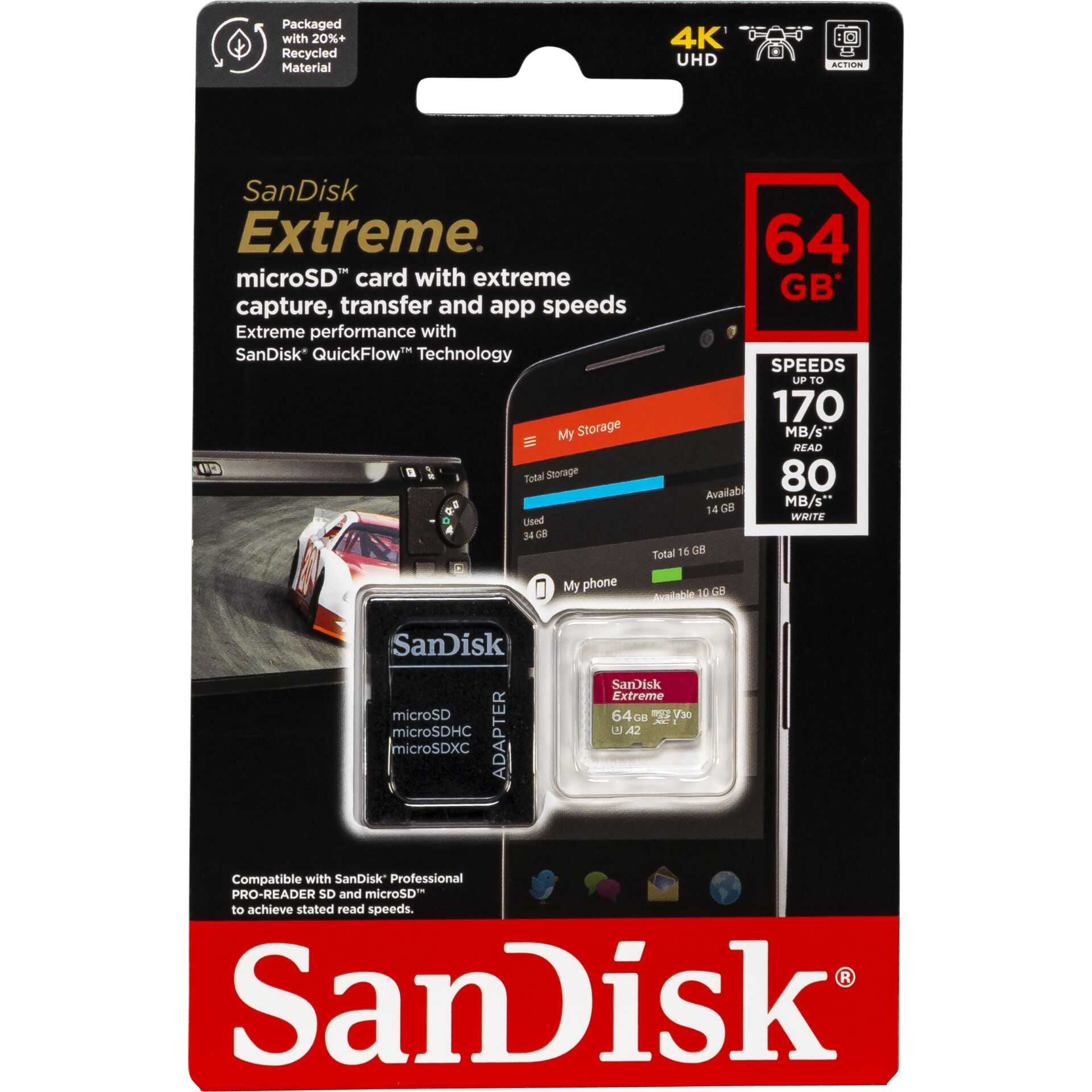 SanDisk Extreme - Flash-Speicherkarte (microSDXC-an-SD-Adapter inbegriffen) - 64 GB - A2 / Video Class V30 / UHS-I U3 / Class10 - microSDXC UHS-I